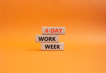 4-day work week symbol. Concept words 4-day work week on wooden blocks. Beautiful orange background. Business and 4-day work week concept. Copy space
