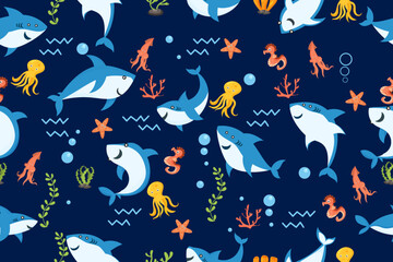 Title: cute sharks pattern. cartoon shark, seaweed print. Sea wildlife, underwater world vector seamless texture