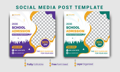 School education admission social media post template, School Admission social media post, Back to school admission social media post, promotional discount banner template design