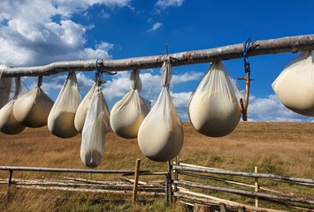 Many cheese molds hung to dry traditionally