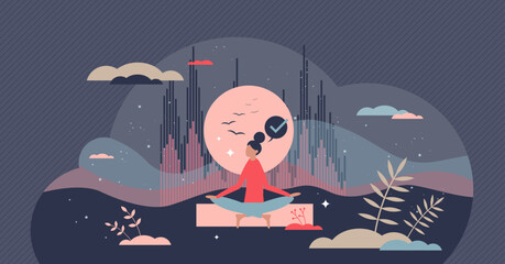 Guided imagery as dream, thoughts and mind control tiny person concept. Calm relaxation method with psychological self therapy vector illustration. Emotional recreation and depression stress reduction