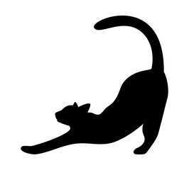 Black silhouette of a stretching cat isolated on a white background