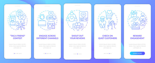Customer engagement strategies blue gradient onboarding mobile app screen. Walkthrough 5 steps graphic instructions with linear concepts. UI, UX, GUI template. Myriad Pro-Bold, Regular fonts used