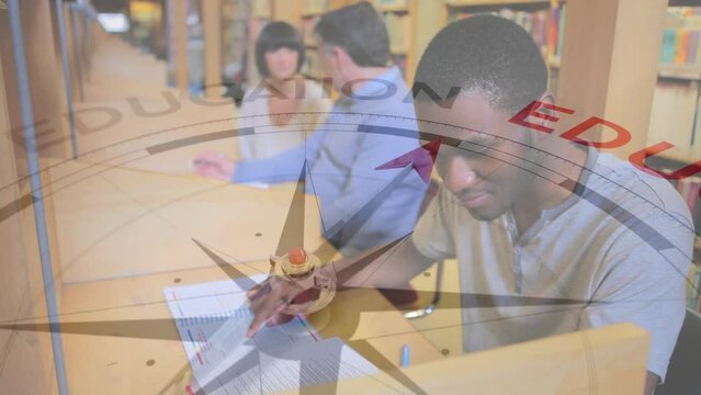 Animation of compass moving over diverse students in library