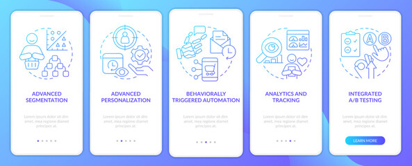 Customer engagement platform features blue gradient onboarding mobile app screen. Walkthrough 5 steps instructions with linear concepts. UI, UX, GUI template. Myriad Pro-Bold, Regular fonts used