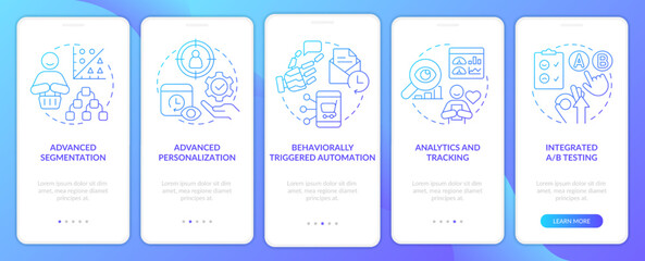 Naklejka premium Customer engagement platform features blue gradient onboarding mobile app screen. Walkthrough 5 steps instructions with linear concepts. UI, UX, GUI template. Myriad Pro-Bold, Regular fonts used
