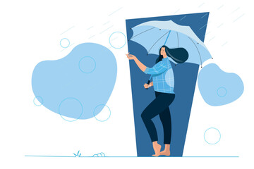 Woman in the rain holding umbrella flat monsoon season illustration .