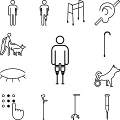 man with leg prosthesis icon in a collection with other items