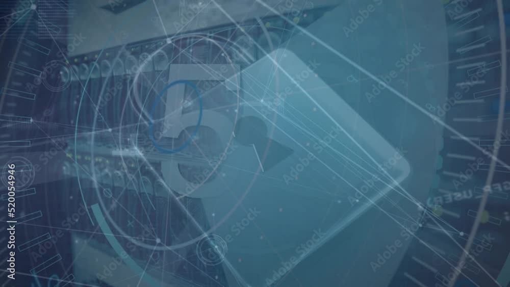Poster animation of data processing and padlock over server room