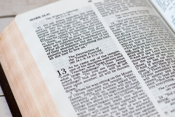 The destruction of the temple in Jerusalem prophecy, new testament biblical verses in an open Holy Bible Book. A close-up.