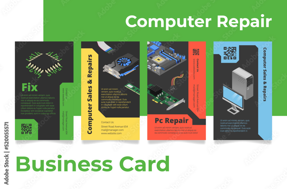 Wall mural computer repair business card set vector illustration. laptop software details recovery service