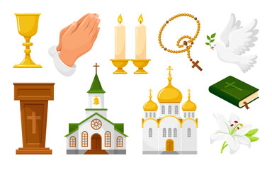 Christianity religious symbols set isometric vector illustration. Spiritual elements religion