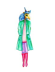 Watercolor illustration of a unicorn. Trendy design for coloring books, postcards, book illustration.