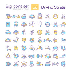 Driving safety RGB color icons set. Road rules and regulation. Accident prevention. Isolated vector illustrations. Simple filled line drawings collection. Editable stroke. Quicksand-Light font used