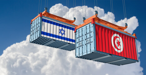 Cargo containers with Israel and Tunisia national flags. 3D Rendering