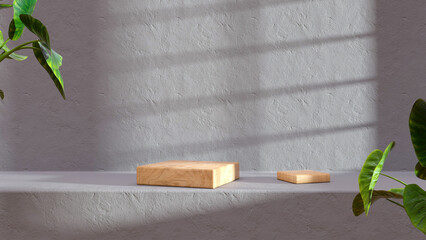 Wooden podium on a step concrete grunge texture background - 3D rendering