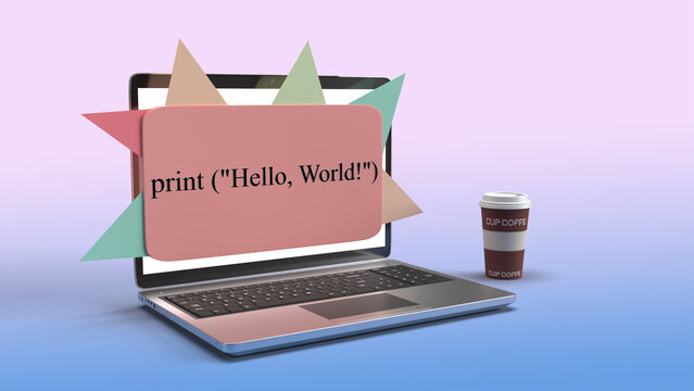 3d render hello world in python. Coding illustration of programming language. print hello world written on laptop screen with coffee cup
