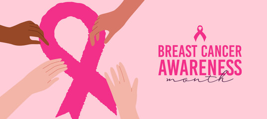 Naklejka na ściany i meble Breast Cancer Awareness month diverse hand female and pink ribbon symbol card
