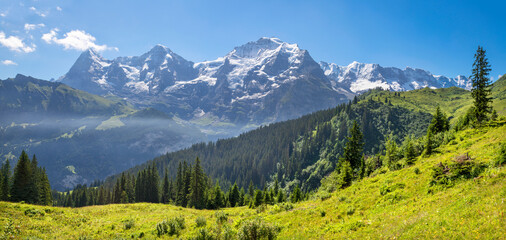 The panorma of Bernese alps with the Jungfrau, Monch and Eiger peaks. - obrazy, fototapety, plakaty
