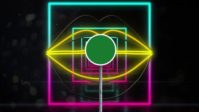 Animation of green sing over geometrical neon shapes on dark background