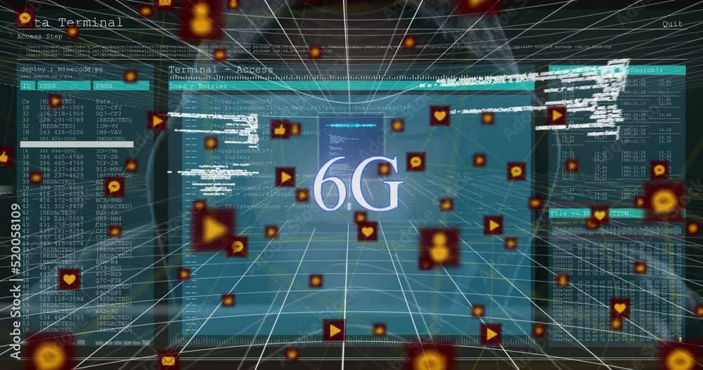Poster animation of falling icons over data processing