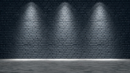 Black brick wall illuminated with lights. 3d rendering