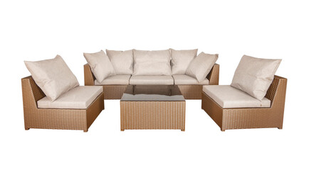 Set of wicker rattan furniture for the garden or terrace. comfortable sofa and two armchairs with soft pillows and a coffee table. - obrazy, fototapety, plakaty