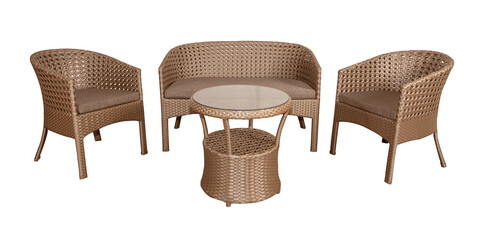 Set of wicker rattan furniture for the garden or terrace. Comfortable sofa and two armchairs with...