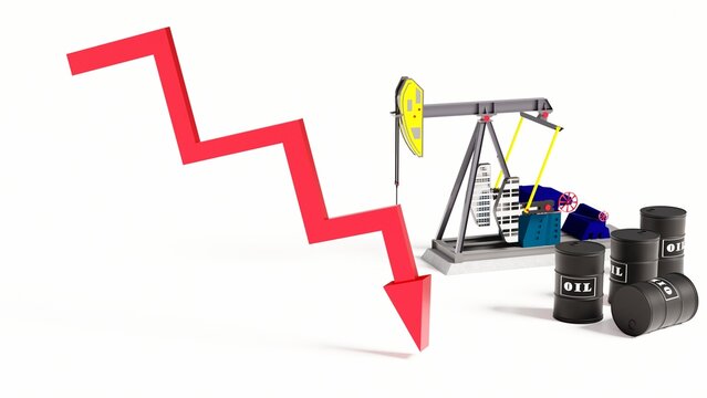 Barrels of oil and an oil pump with a red down arrow on a white background. Falling oil prices, graph on a white background. 3D rendering.