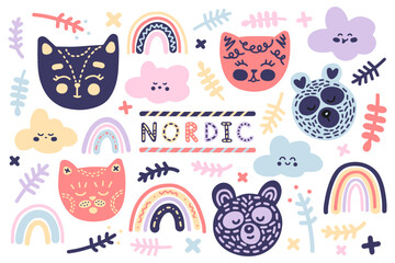 Set of cute scandinavian style vector icons isolated on white background. Delicate pastel teddy bears, kittens, rainbows and twigs for kids, toddlers, prints, posters, textiles, decor, cards, wrappers