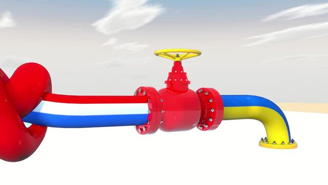Russian gas pipe tied in a knot. The Ukrainian pipe and the Russian pipe are separated by a knot.