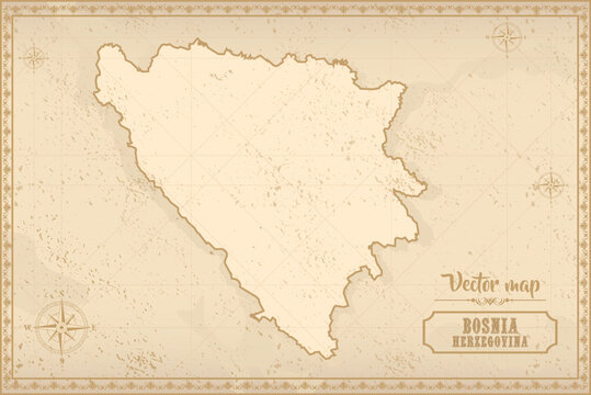 Map of Bosnia and Herzegovina in the old style, brown graphics in retro fantasy style
