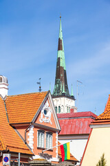 The spire of St Olafs church overlooking the Lithuanian Embassy in Tallinn the capital city of...