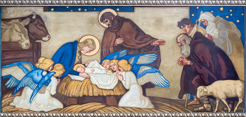 ZURICH, SWITZERLAND - JULY 1, 2022: The fresco of Adoration of Shepherds in the church Pfarrkirche...