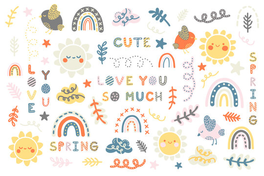 Huge bright vector spring and summer set of more than 60 elements! Various children's doodles in Scandinavian style on a white background with inscriptions. For kids, textiles, postcards, wrappers