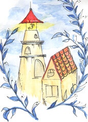 Watercolor drawing in naiv style of the lighthouse and house at lighthouse