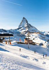 Snowy mountain Matterhorn during the day in winter. Zermatt, swiss alps