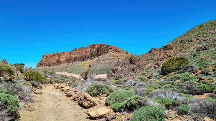 Panoramic view on Riscos de la Fortaleza near Pico del Teide, Mount El Teide National Park, Tenerife, Canary Islands, Spain, Europe. Hiking trail from El Portillo via La Canada de los Guancheros plain