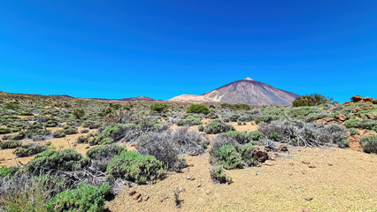 Panoramic view on volcano Pico del Teide and Montana Blanca, Mount El Teide National Park, Tenerife, Canary Islands, Spain, Europe. Hiking trail to La Fortaleza from El Portillo. Barren desert terrain