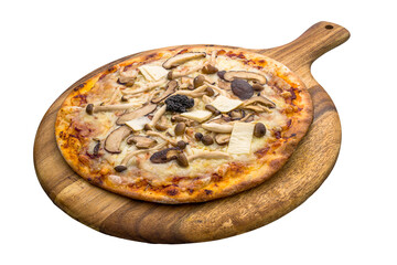 Truffle mushroom pizza isolated on wooden cutting board on plain white background side view of...