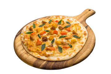 Curry rendang lion mane pizza isolated on wooden cutting board on plain white background side view of fastfood