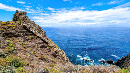 Scenic view of Atlantic Ocean coastline near the Anaga mountain range, Tenerife, Canary Islands, Spain, Europe. Hiking trail from Afur to Taganana. Turquoise water beach. Blue lagoon
