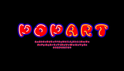 Red font, comic alphabet in the cartoon style, uppercase and lowercase letters and numbers, vector illustration 10EPS