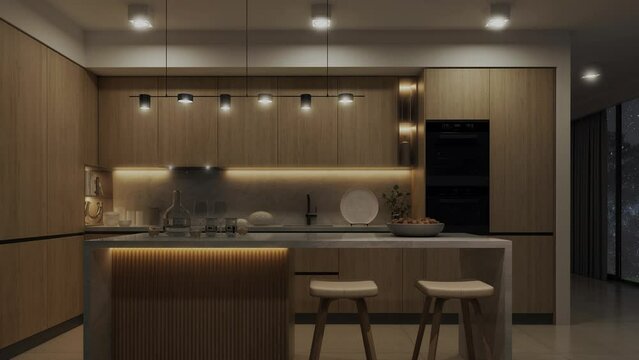 Animacja prezentująca nowoczesną, przestronną kuchnię w r&oacute;żnym oświetleniu, od naturalnego dziennego światła do sztucznego oświetlenia w nocy.