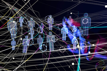 holding 3D rendering group of blue people