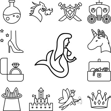 Mermaid, fairy tale icon in a collection with other items