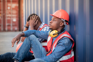 2 African American black man worker wearing safety uniform workwear looking hopeless and stressed, sitting beside a shipping container, unemployment due to the economic recession No cargo activities.