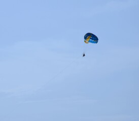 Sandy beach, coast of the Sea of Azov at sunset, blurred background