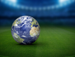 Fototapeta na wymiar World Football soccer ball green field. Earth texture on 3d football. 