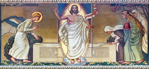 ZURICH, SWITZERLAND - JULY 1, 2022: The fresco of Resurrection of Jesus in the church Pfarrkirche...